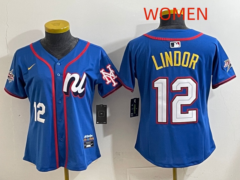 Women 2025 New York Mets 12 Lindor Blue All star Nike MLB Jersey style 003